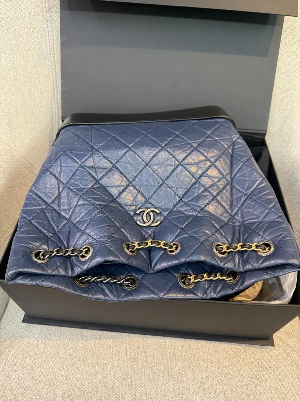 CHANEL Navy Quilted Leather Drawstring Shoulder Bag with Black Base Medium